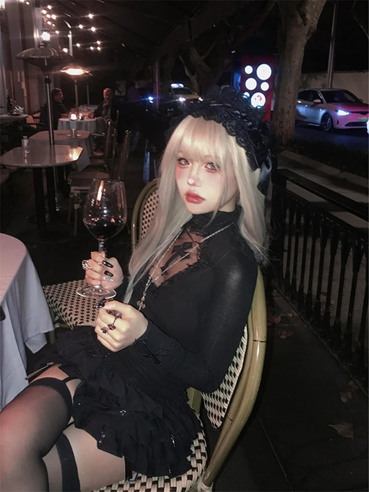 Turtleneck Top Y2k Clothes Black Gothic Cross Hollow Slimming Bottom T Shirt for Women Long Sleeve Sexy T-shirt Girls Tops
