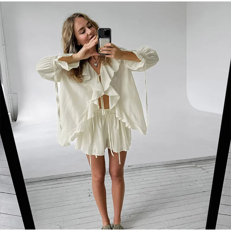 Fashion Solid Women 2 Piece Set Casual Flare Sleeve Lotus Leaf Edge Lace Up Mesh Sheer Shorts Suit 2025 New Lady Commute Outfit