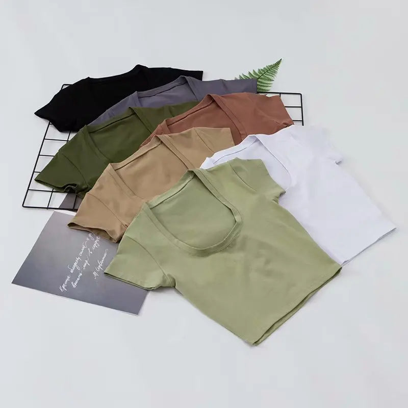 U-Neck Crop Top Solid Color Women Casual High Waist T Shirt Basic Sexy Streetwear Short Sleeve Slimming Tops