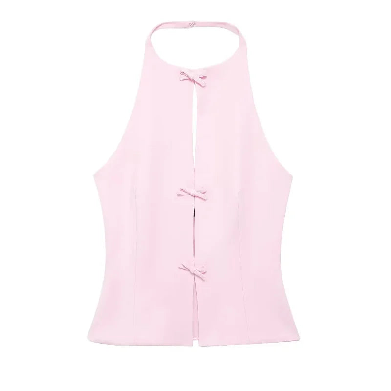 TRAF Bow Two Piece Set Backless Halter Women Top And Mid Waist Lady Skirt New In 2024 Summer Fashion Casual Office Lady Set