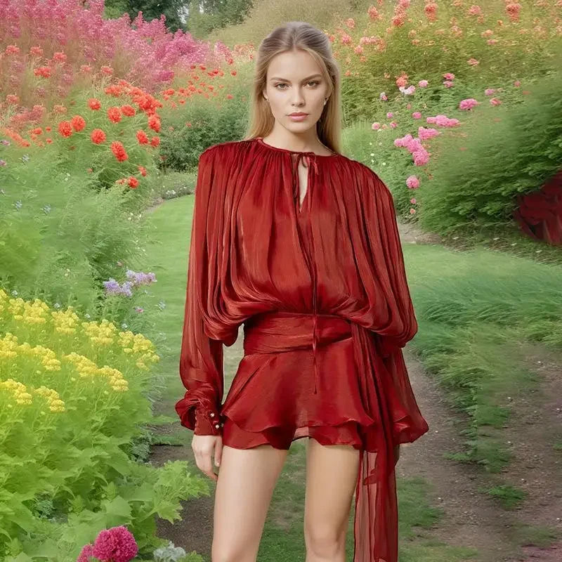 Elegant Ruffles Shiny Mini Dresses Fashion Solid Long Sleeve Lace Up V Neck Pleated Dress New Summer Party Women's Vestidos 2025