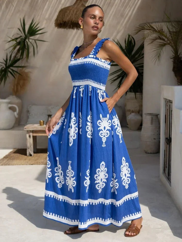 2025 Summer Fashion New Women's Bohemian Style Dress Beach Vacation Printed Strap Fold A-line Length Dress