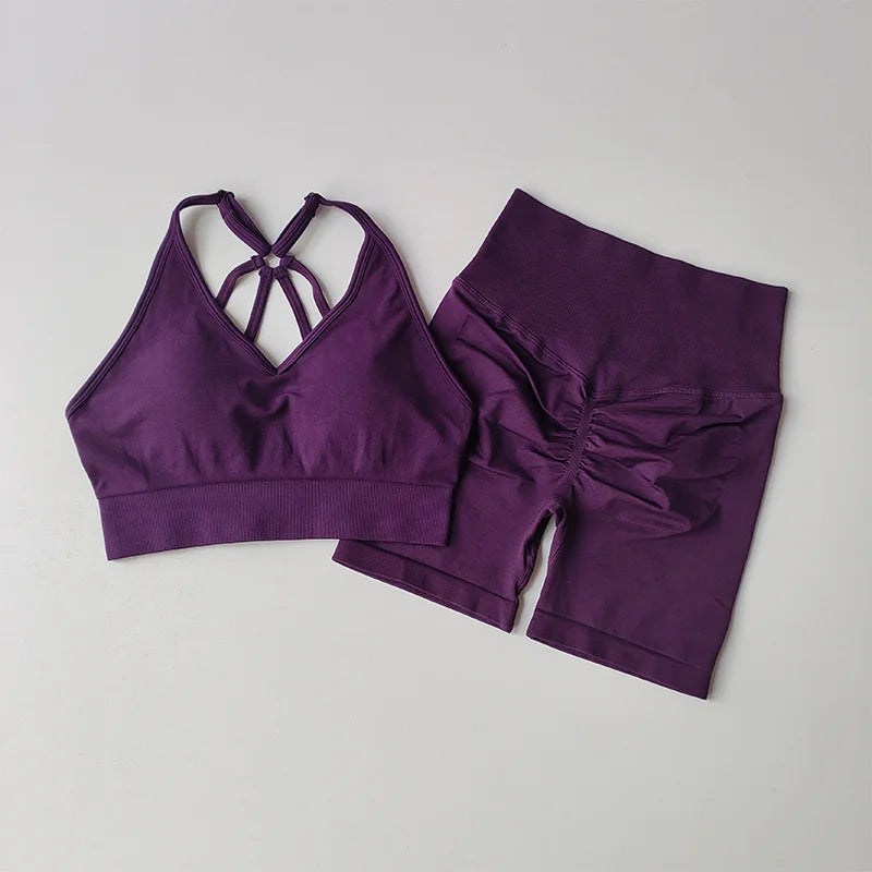2 Pcs Yoga Sets Women High Waist Workout Outfits Gym Wear Gym Clothing Sports Suits Fitness Tracksuit Sportswear Shorts Suit