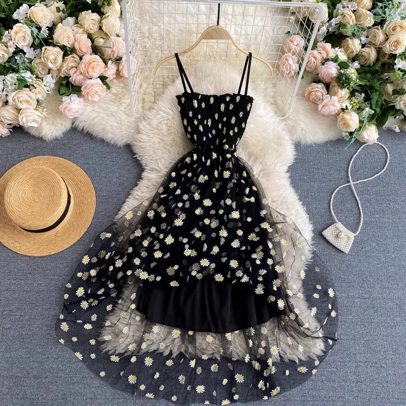YuooMuoo Women Dress 2025 New Korean Fashion Floral Print Spaghetti Straps Mesh Party Dress Vacation Style Lady Beach Vestidos