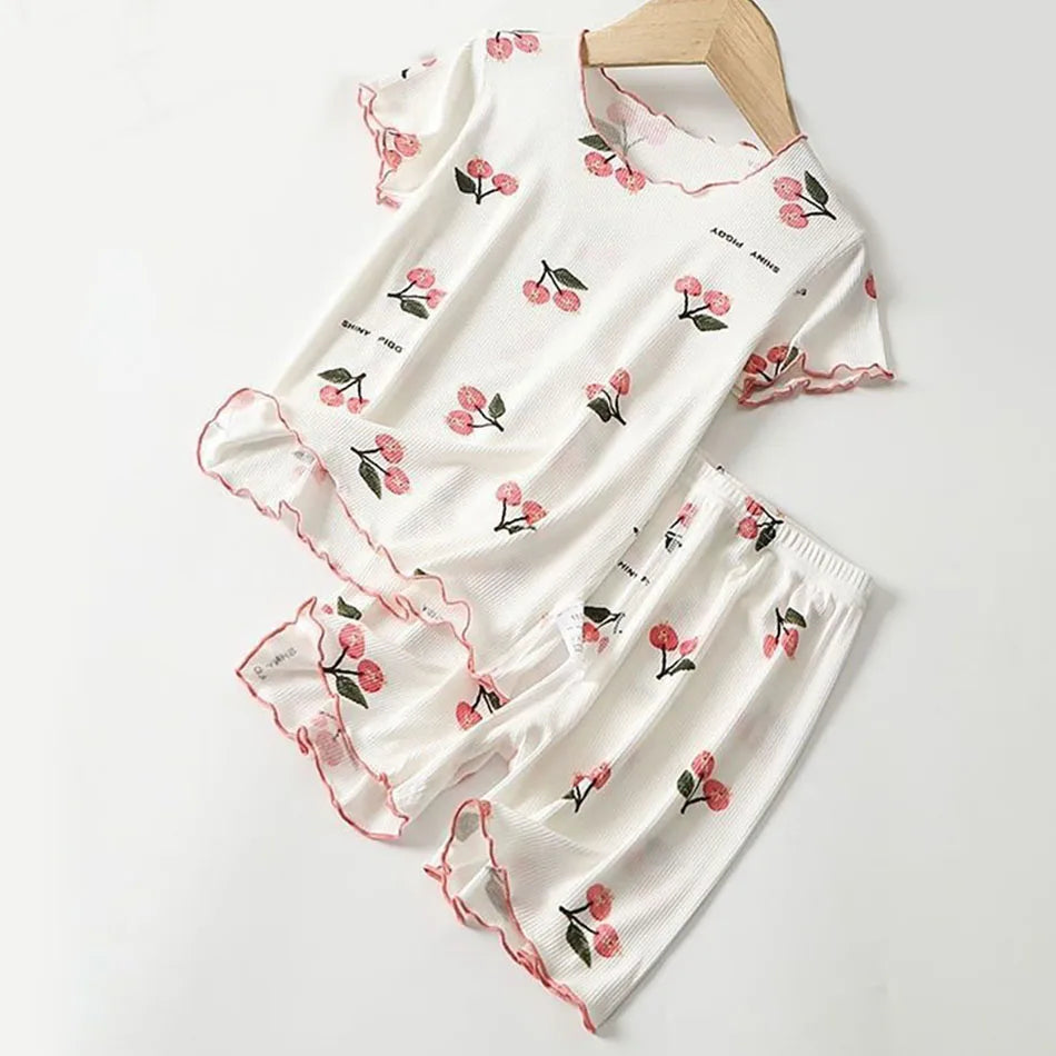 Girls Summer Pajama Set Cherry Blossom Print 4-Way Stretch Shorts & Tee Breathable Modal Blend for Bedtime and Playtime for 1-8Y