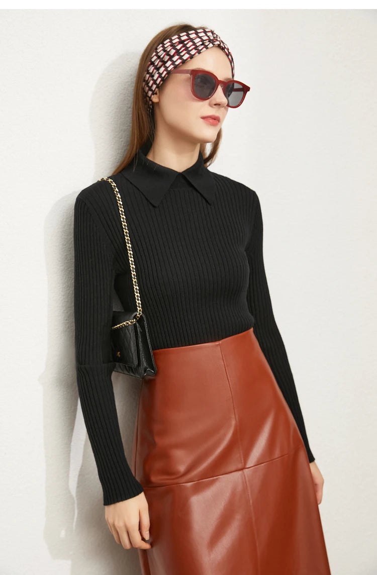 Amii Minimalism 2024 Sweater for Women Autumn New Office Lady Basic Lapel Striped Slim Knitted Tops Solid Trendy Blouse 12444058