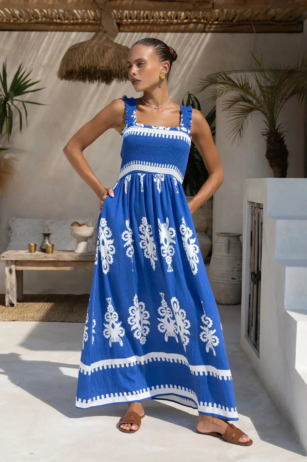 2025 Summer Fashion New Women's Bohemian Style Dress Beach Vacation Printed Strap Fold A-line Length Dress