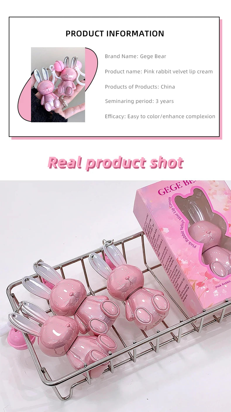 Gege Bear Pink Rabbit Velvet Matte Lip Cream Black Rabbit Water light lip glaze matte mirror pendant lipstick lip gloss