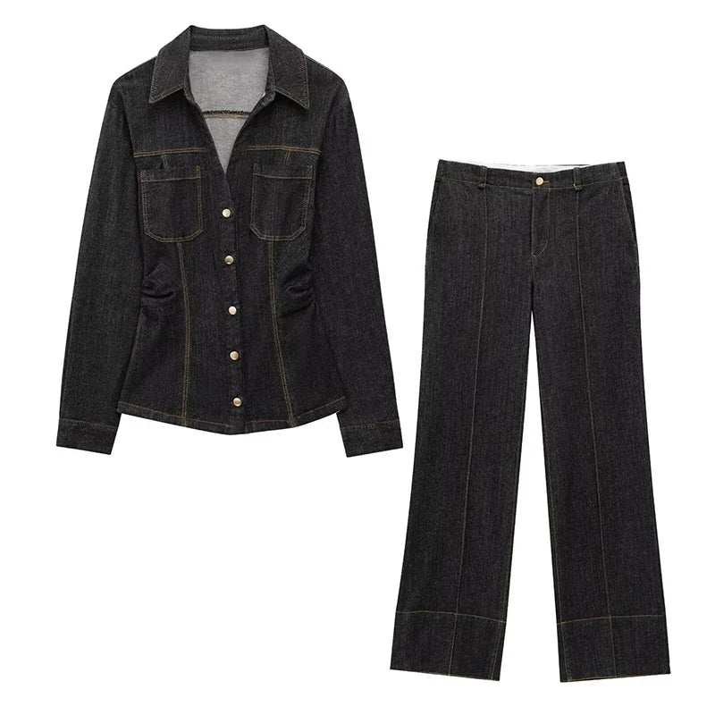 Women Two Pieces Set Denim Pant Sets Single Breasted Long Sleeve Belt Coat Wide Leg Trousers Jeans Female 2 Pieces Outfits