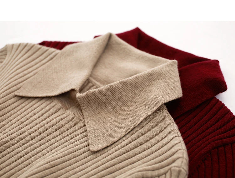 Amii Minimalism 2024 Sweater for Women Autumn New Office Lady Basic Lapel Striped Slim Knitted Tops Solid Trendy Blouse 12444058