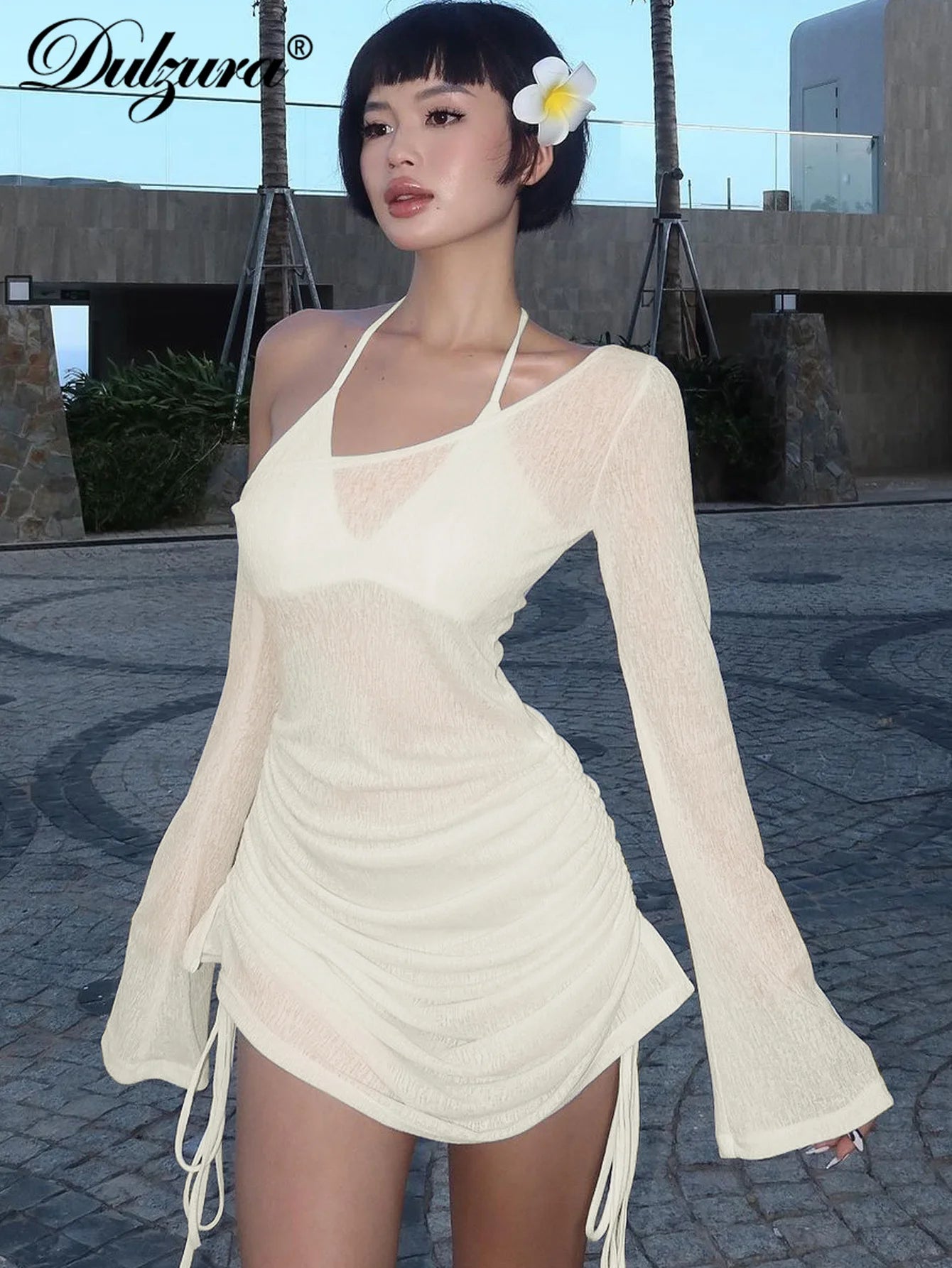 Dulzura Solid Skew Collar Ruched Straps Lace-Up See Through Draw String Mini Dress 2023 Summer Women Party Clubwear Wholesale