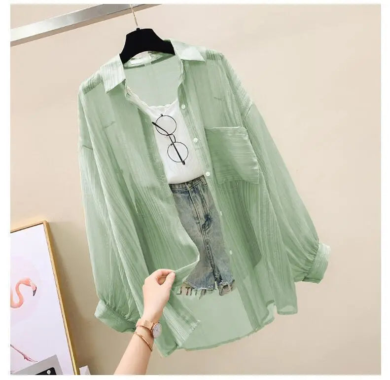 Summer sunscreen chiffon blouse Korean Harajuku style loose casual women's cardigan elegantly perforated top sheer fashionable