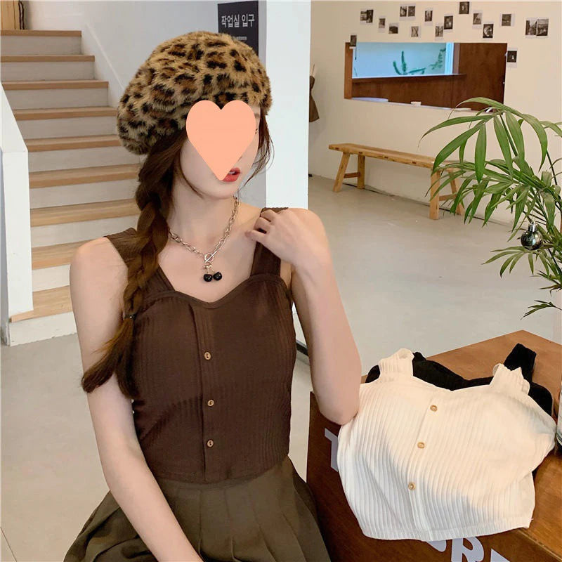 Women's Y2K Cropped Tops with Bra Pads Summer Corset Korean Suspenders Vest Sexy Camisole Slim New