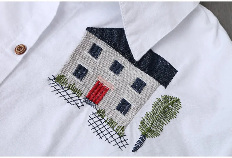 Women Cotton Embroidery Loose Long White Shirts 2025 Spring Autumn New Casual Office Lady Blouse Female Top Loose shirt