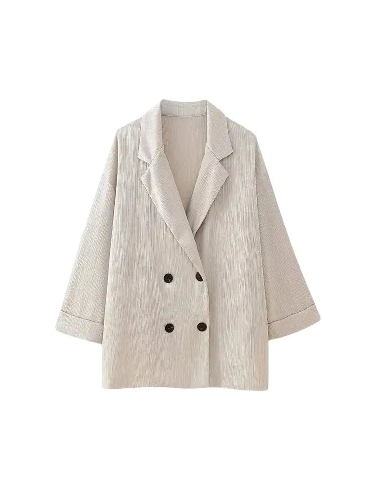 TRZA-Women's Double-Breasted Loose Blazer Coat and High Elastic Waist Wide Leg Pants, Female Two Piece Sets, Fashion