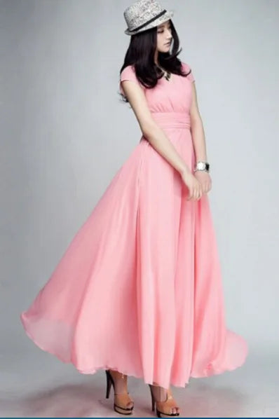 Women's Short-Sleeved Chiffon Evening Dress, Female Party Dress, Monochromatic, Bohemian, Long, Elegant, New, 2022