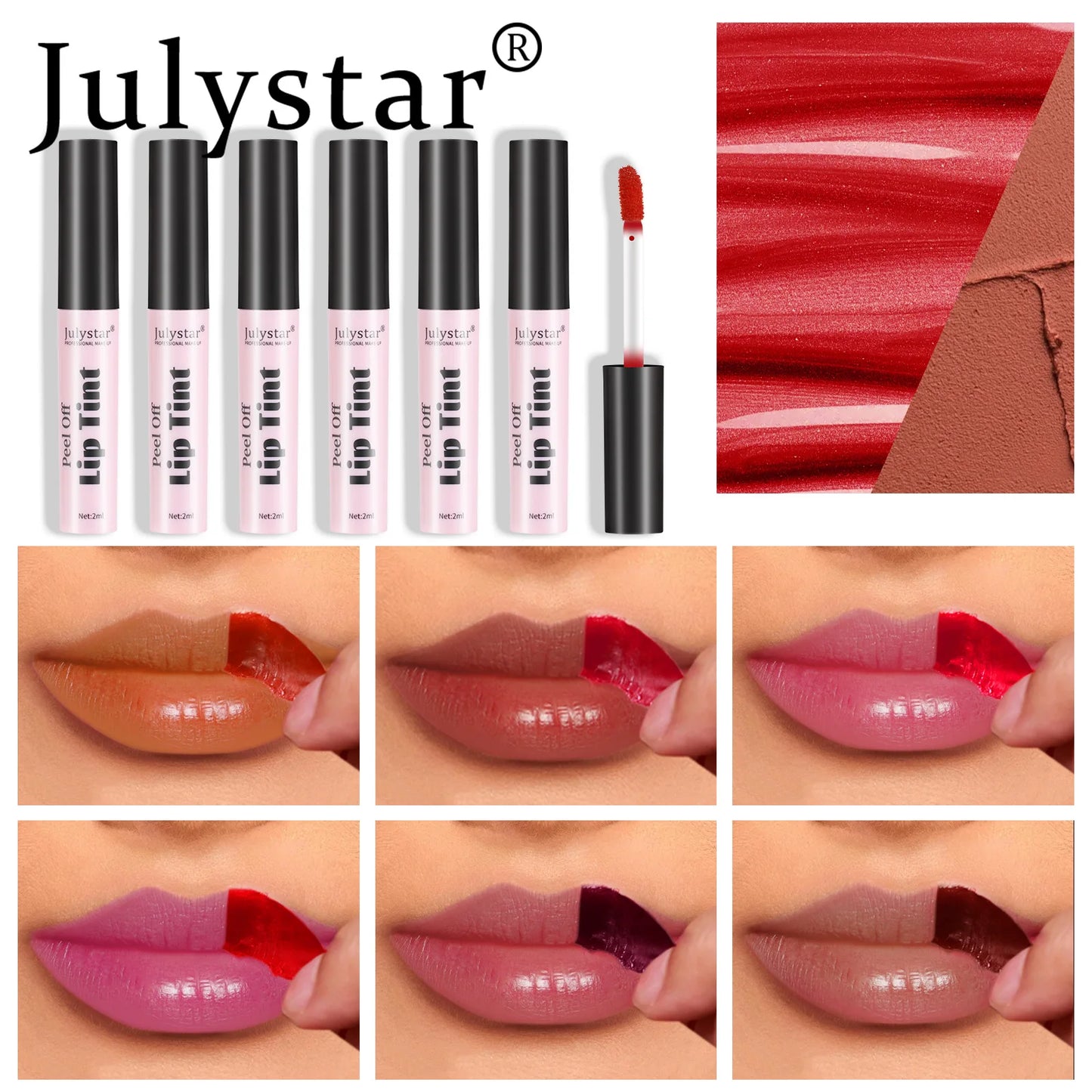 Julystar Peel Off Liquid Lipstick 6 Color Waterproof Lasting Matte Pink Lip Gloss Moisturizer Tear-off Lip Stain Cosmetic Makeup