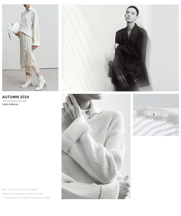 Amii Minimalism 2024 Sweater for Women Autumn New Office Lady Basic Lapel Striped Slim Knitted Tops Solid Trendy Blouse 12444058