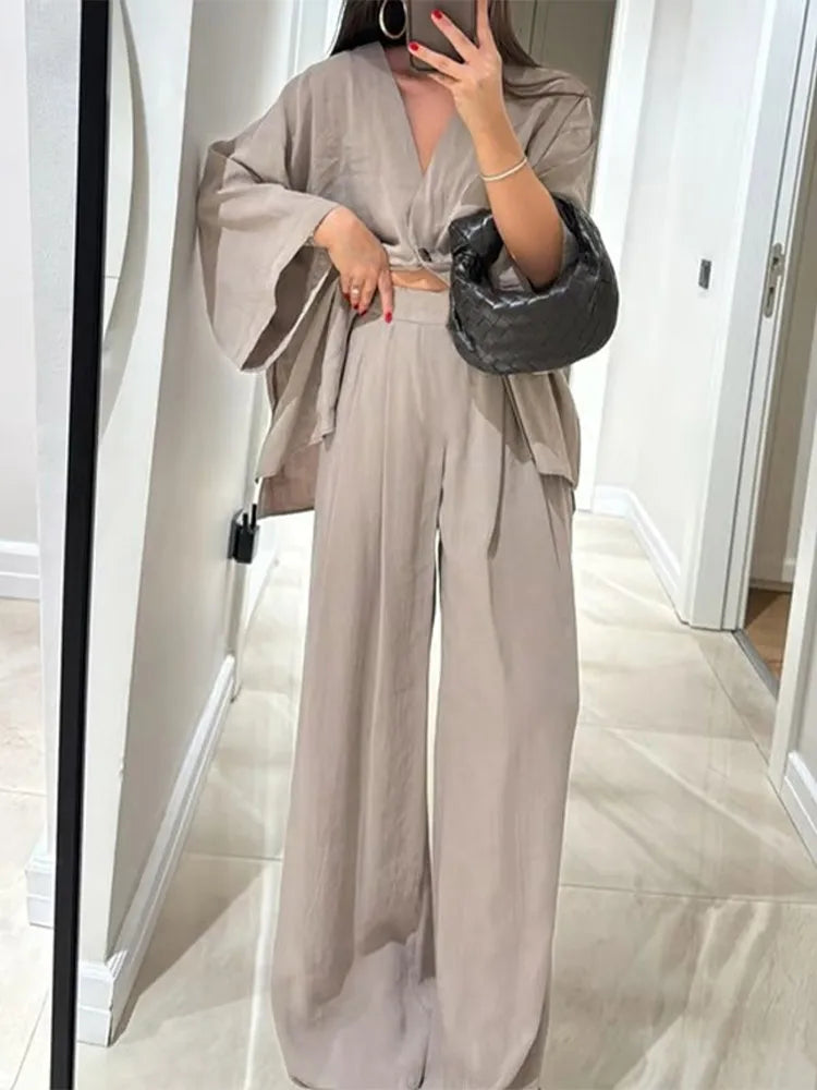 Women Classic Solid Wide Leg Pants Suits Summer Fashion V-neck One Button Loose Blouse Sets Casual Female Daily Streetwear 2025