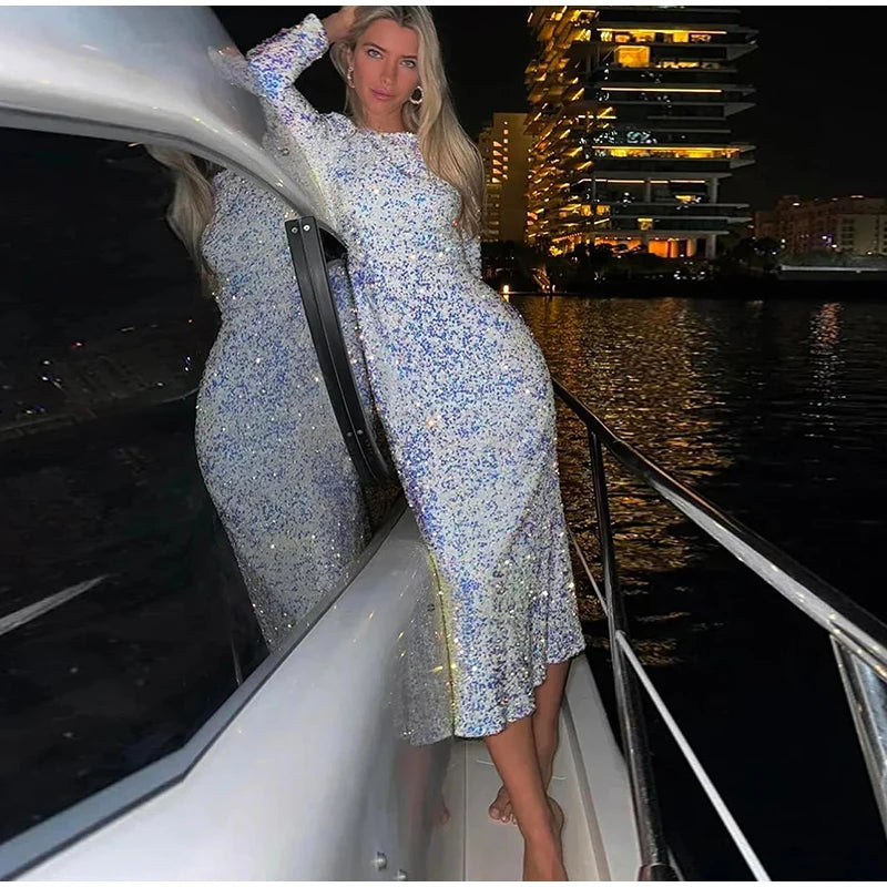 Elegant Sequin Printed Maxi Dresses Women's 2025 Summer Party Gowns Long Sleeve High Waist Slim Round Neck Lady Evening Dress