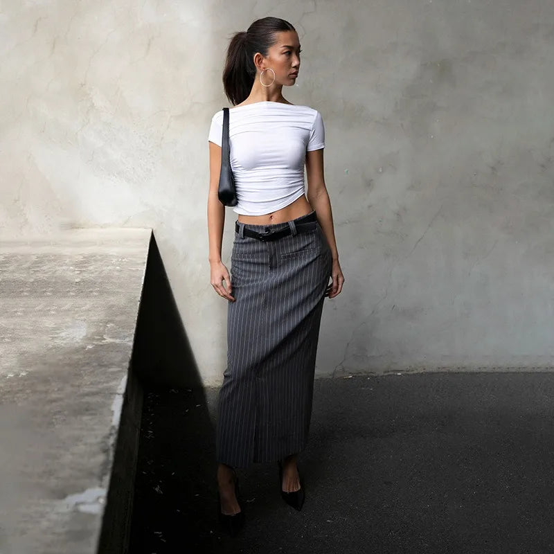 Summer New T-shirt Women Sexy Short Sleeve Fashion Tees Slash Neck Folds Crop Top Casual Streetwear Bodycon Solid Basic T-shirts