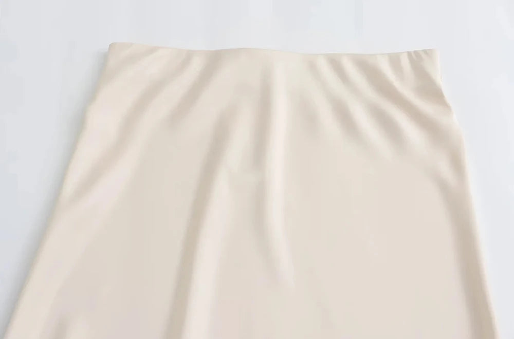 TRZA Women's Soft Touch Silk-Like Midi Skirt High Waist Elastic Waistband Chic Fashion Female Skirts Elegant Mujer