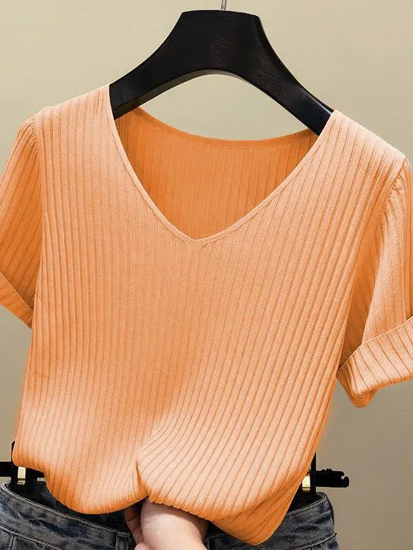 Knitted short sleeve Women V-Neck T Shirts 2025 Blue Slim Black thin knit Orange Tops Ladies Summer Camiseta Summer T shirts