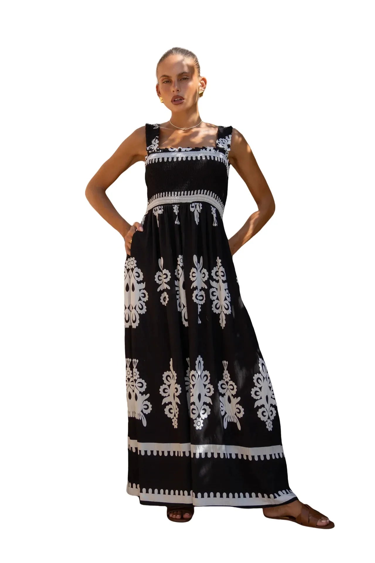2025 Summer Fashion New Women's Bohemian Style Dress Beach Vacation Printed Strap Fold A-line Length Dress