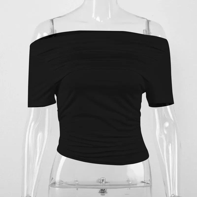 Summer New T-shirt Women Sexy Short Sleeve Fashion Tees Slash Neck Folds Crop Top Casual Streetwear Bodycon Solid Basic T-shirts