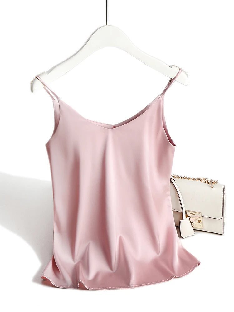 AOSSVIAO 2025 Spaghetti Strap Top Women Halter V Neck Basic White Cami Sleeveless Satin Silk Tank Tops Women'S Summer Camisole