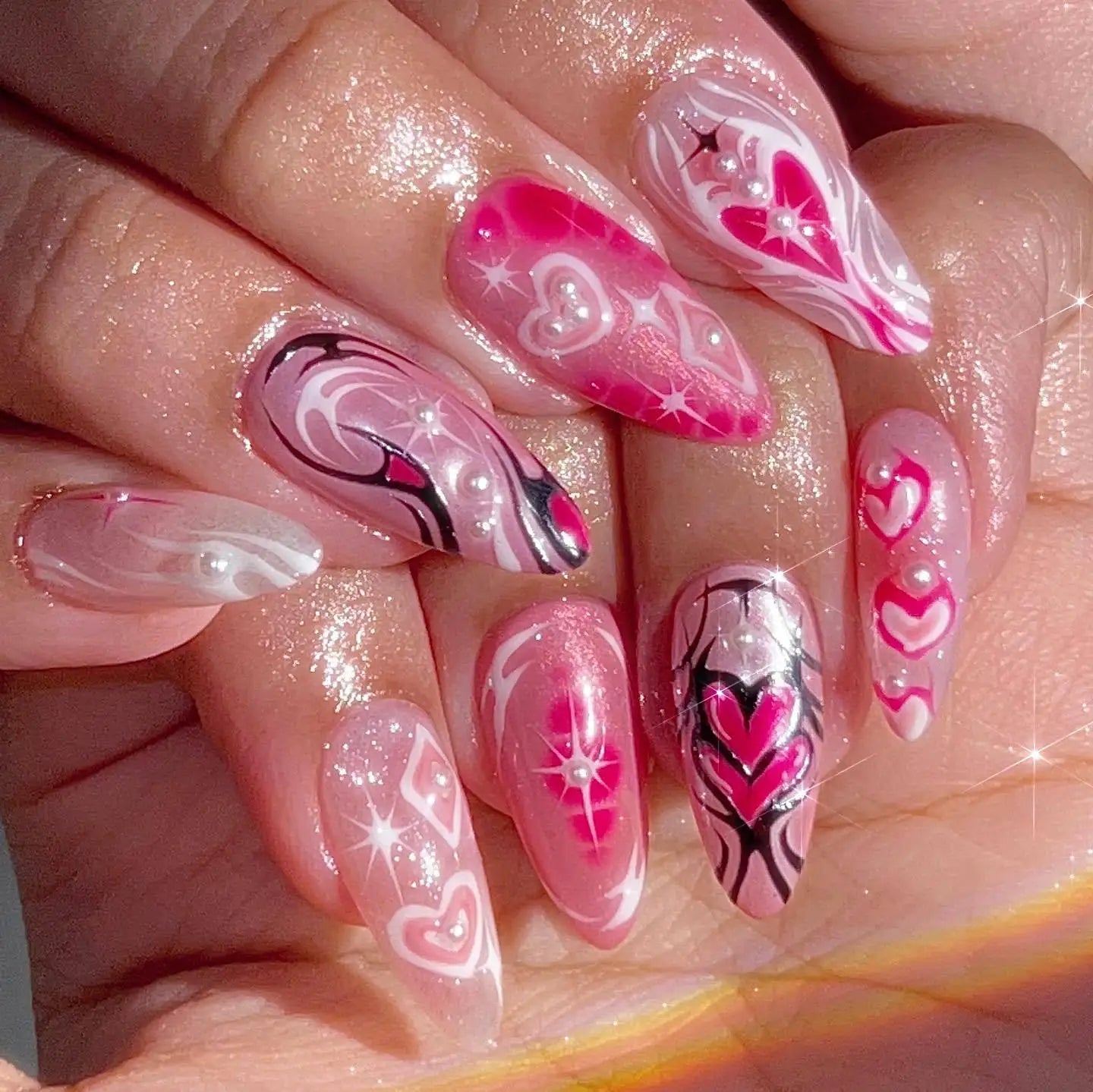 24Pcs False Nails Spicy Girl Silver Bow with Diamond Fake Nails with Glue Almond Press on Nails Black Cool Y2k Almond Nail Set