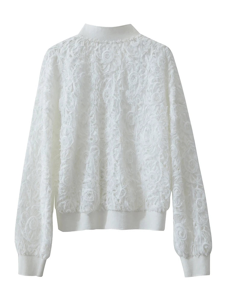 AMII Minimalist Zipper Jacket Women 2025 Spring New V Neck Stereoscopic Hollow Flowers Drop Sleeve Loose Casual Tops 12541004