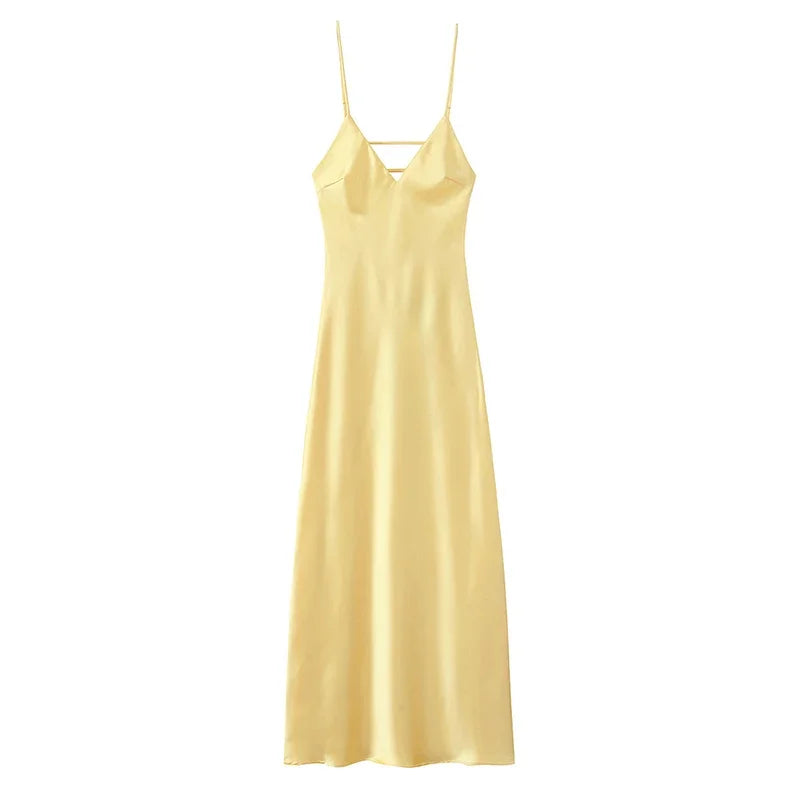 Yellow Elegant Stain Women's Sling Dress Sexy Backless Sleeveless V Neck High Waist Evening Gown Summer Chic Lady Partywear 2025