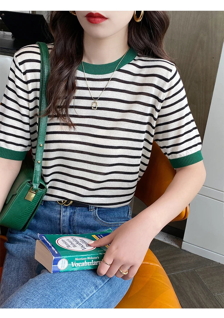 2025 Stripe Tops Women Knitted Round Collar Summer Print Short Sleeve Casual Simple Wild T-Shirt