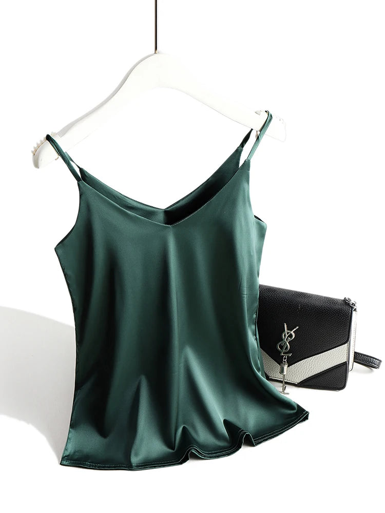 AOSSVIAO 2025 Spaghetti Strap Top Women Halter V Neck Basic White Cami Sleeveless Satin Silk Tank Tops Women'S Summer Camisole
