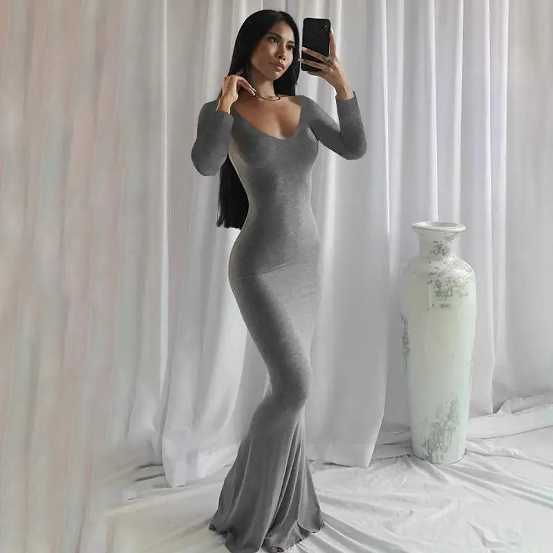 2025 Autumn Long Sleeve Dresses For Women Sexy V Neck Bodycon Solid Elegant Long Dress Y2k Skinny Trumpet Maxi Vestidos