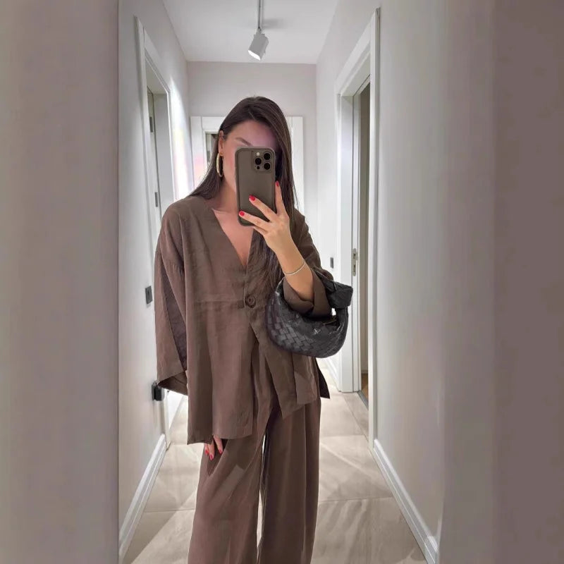 Women Classic Solid Wide Leg Pants Suits Summer Fashion V-neck One Button Loose Blouse Sets Casual Female Daily Streetwear 2025