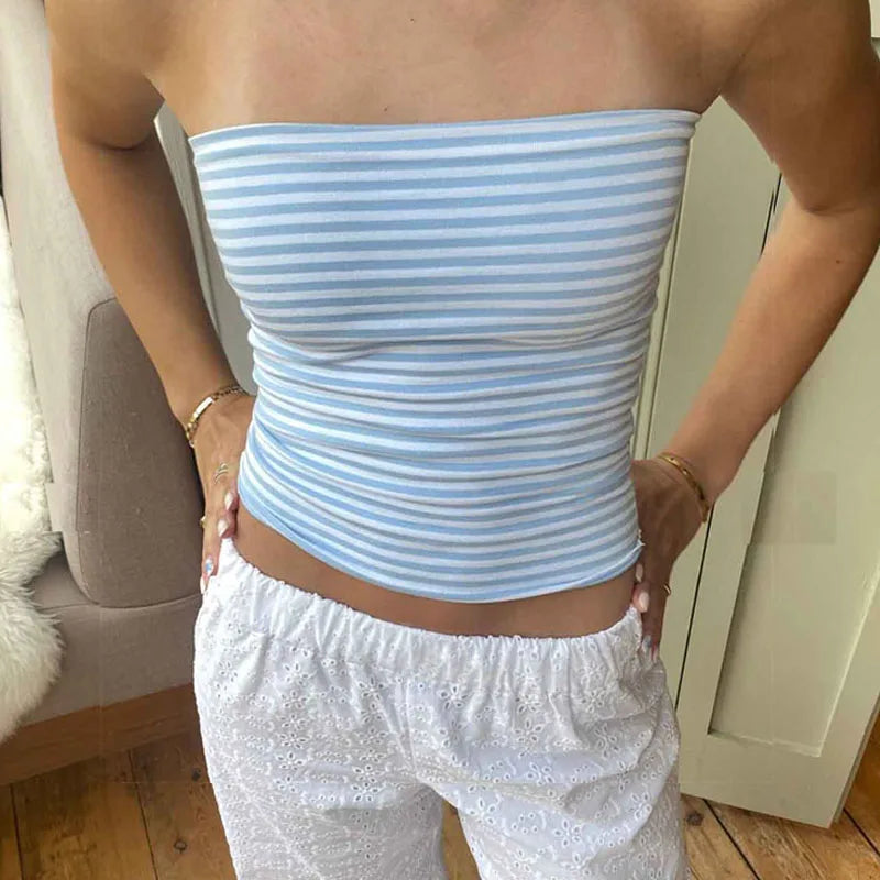 Women's Strapless Cropped Tube Top Off-Shoulder Backless Mini Vest Summer Party Club Striped/Solid Short Tank 2025 New