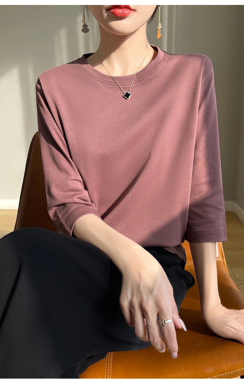 Spring And Summer New White Mercerized Cotton Short Sleeve T-Shirt Feminine Joker Cotton Cropped Sleeve Bottoming Shirt