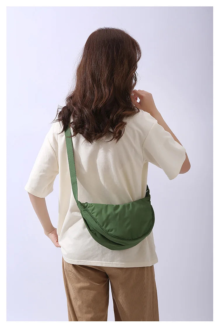 Solid Color Women's Portable Shoulder Bag Simple Female Nylon Cloth Padded Crossbody Bags Travel Purse Handbags Messenger Bag
