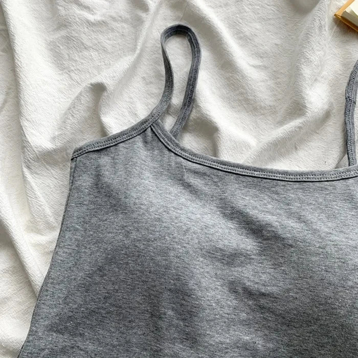 Women's Solid Color Spaghetti Straps Sleeveless Slim Camisole with Chest Pad Cotton Summer Wear Outside Female Short Tops Vests