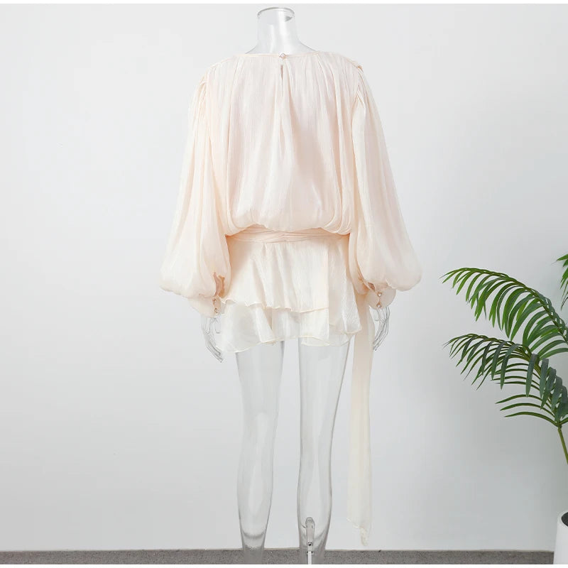 Elegant Ruffles Shiny Mini Dresses Fashion Solid Long Sleeve Lace Up V Neck Pleated Dress New Summer Party Women's Vestidos 2025