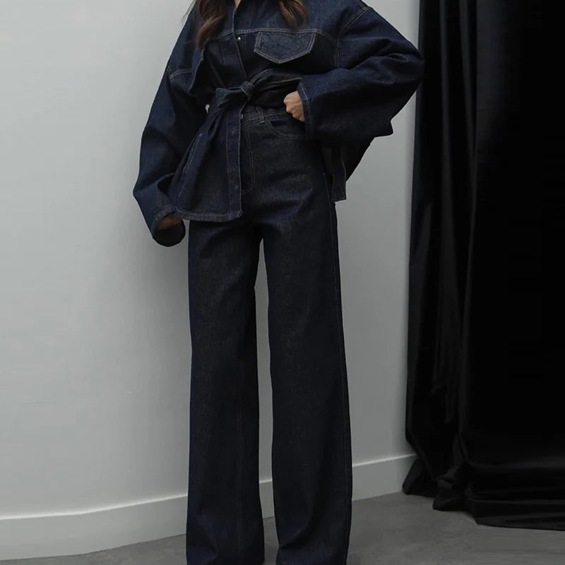 Women Two Pieces Set Denim Pant Sets Single Breasted Long Sleeve Belt Coat Wide Leg Trousers Jeans Female 2 Pieces Outfits