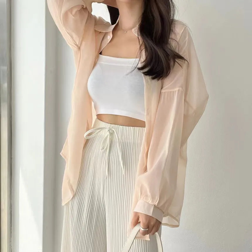 8 Colors Shirts Women Sheer Thin Chic Summer Simple Solid Sun-proof Temper Fashion Baggy All-match Basic Korean Style Clothes