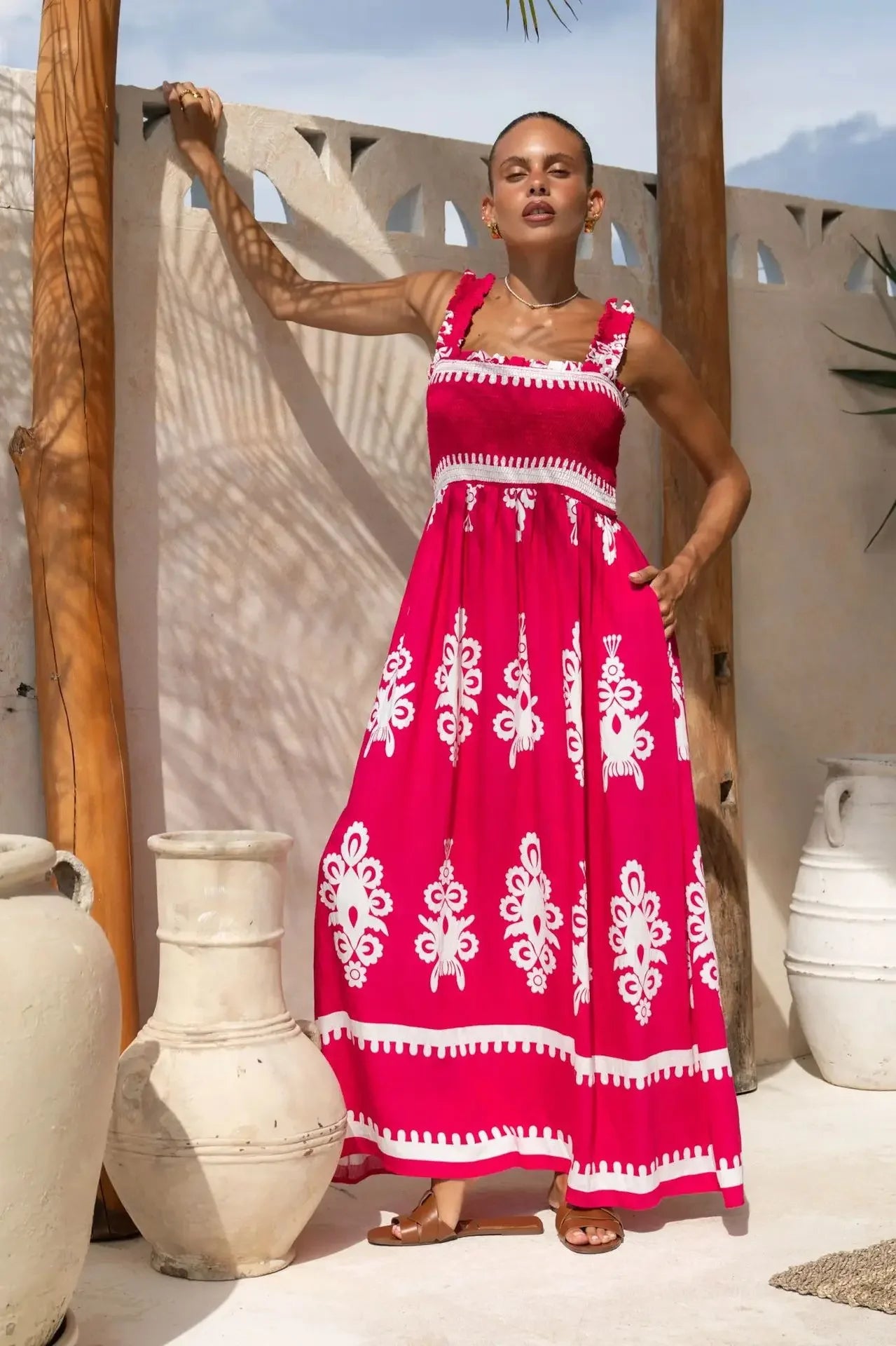 2025 Summer Fashion New Women's Bohemian Style Dress Beach Vacation Printed Strap Fold A-line Length Dress