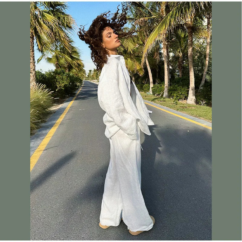Women Classic Solid Wide Leg Pants Suits Summer Fashion V-neck One Button Loose Blouse Sets Casual Female Daily Streetwear 2025