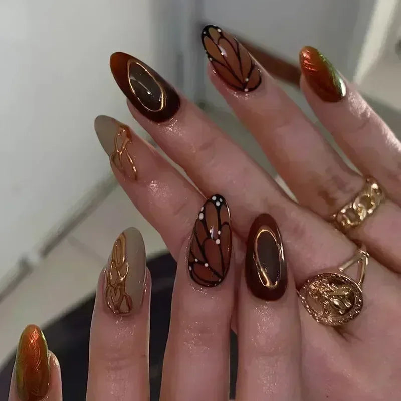 24Pcs False Nails Spicy Girl Silver Bow with Diamond Fake Nails with Glue Almond Press on Nails Black Cool Y2k Almond Nail Set