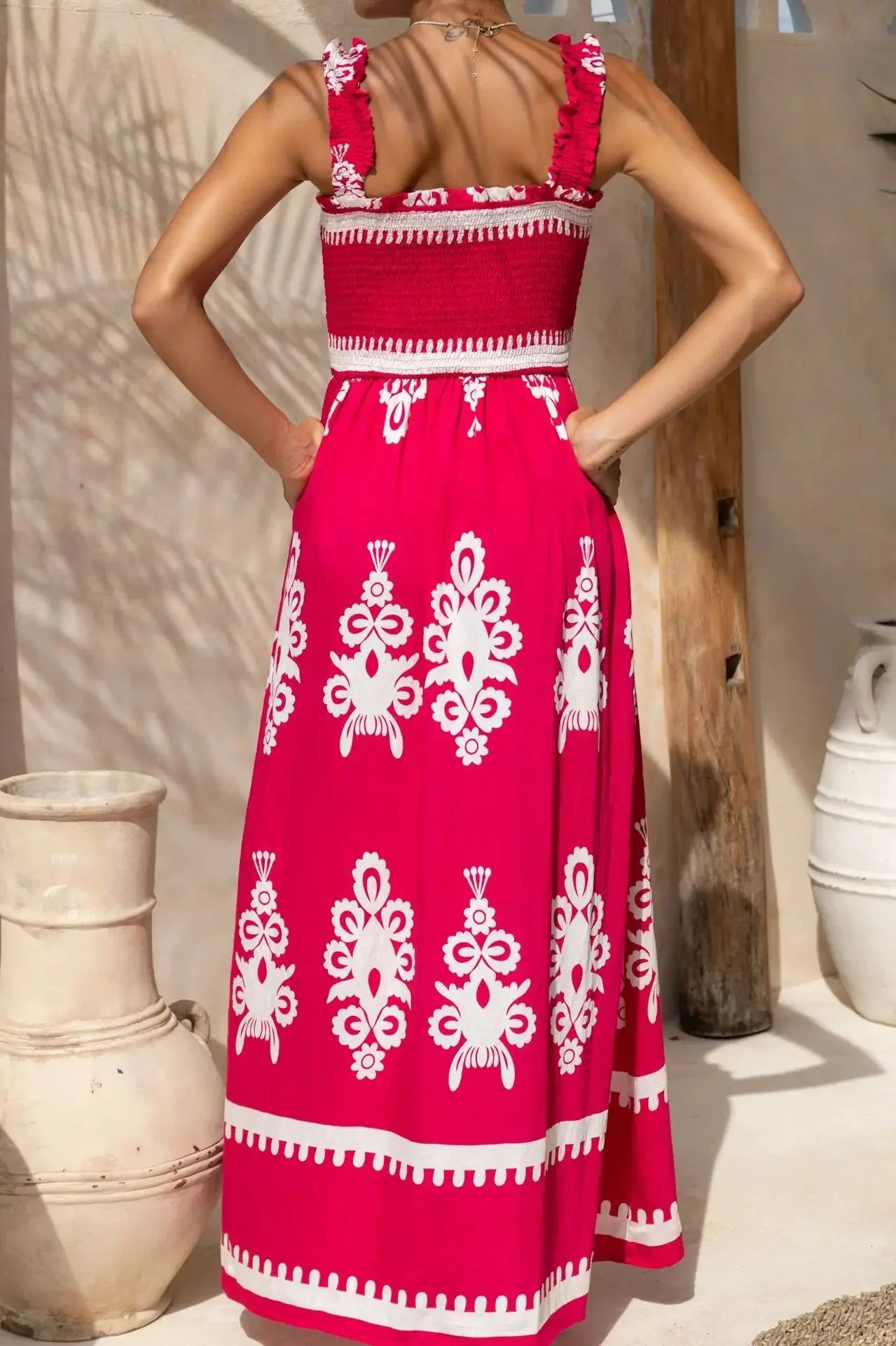 2025 Summer Fashion New Women's Bohemian Style Dress Beach Vacation Printed Strap Fold A-line Length Dress