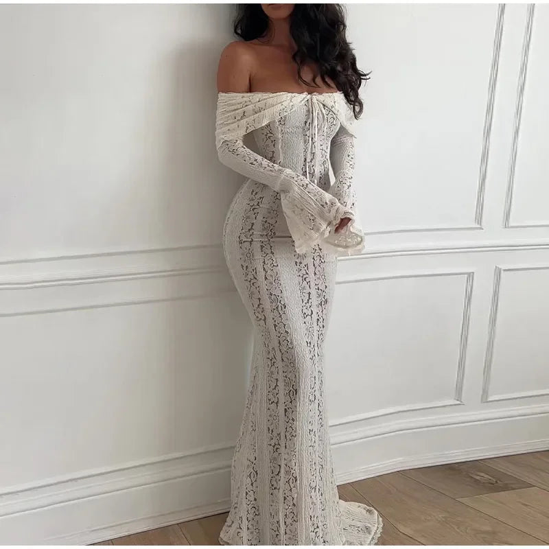 Elegant Cut Out Flared Long Sleeve Maxi Dress Women's Lace Up Hollow Out Off Shoulder Bodycon Vestidos 2025 Lady Outwear Vestido