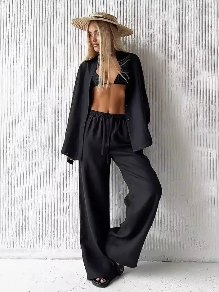 Classic Solid Shirt Pants Set Women Casual Loose Long Sleeved Lapel Elastic Waist Two Piece Suit 2025 New Summer Street Outfit